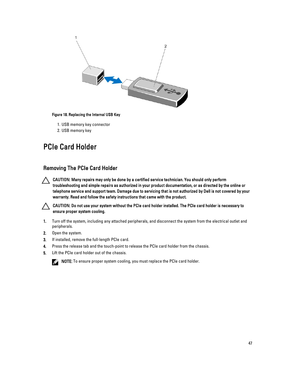 Pcie card holder, Removing the pcie card holder | Dell PowerVault DR4100 User Manual | Page 47 / 122
