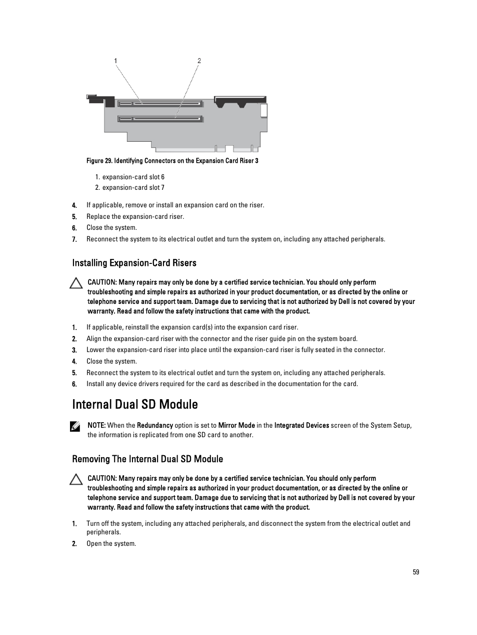 Installing expansion-card risers, Internal dual sd module, Removing the internal dual sd module | Dell PowerVault DR4100 User Manual | Page 59 / 122