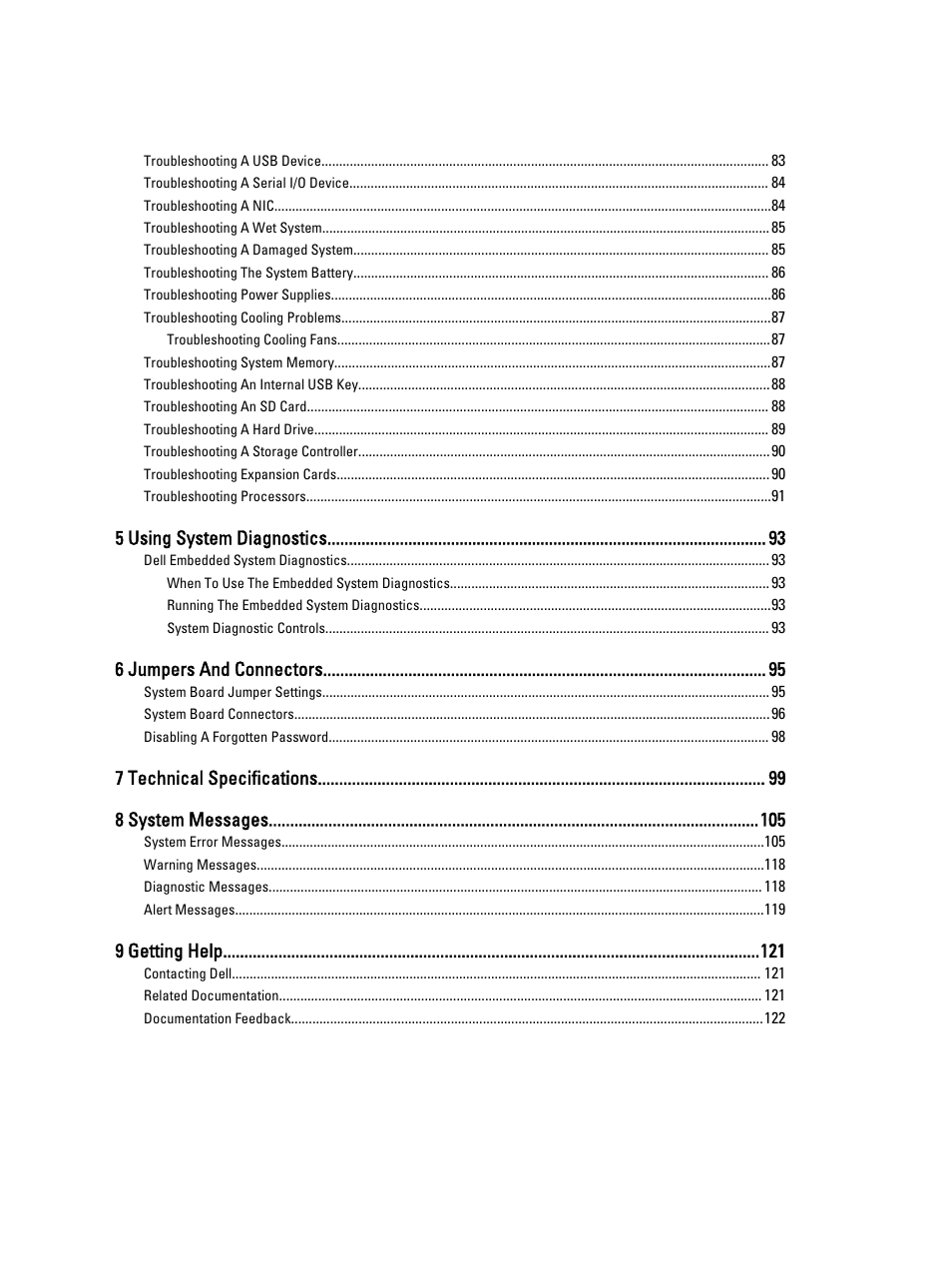 5 using system diagnostics, 6 jumpers and connectors, 7 technical specifications 8 system messages | 9 getting help | Dell PowerVault DR4100 User Manual | Page 6 / 122