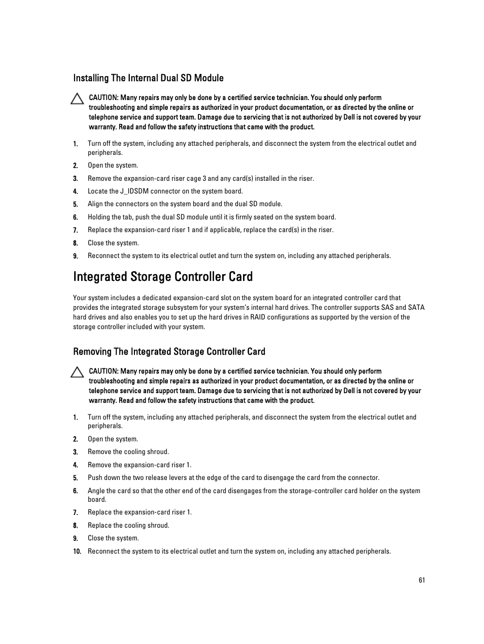 Installing the internal dual sd module, Integrated storage controller card, Removing the integrated storage controller card | Dell PowerVault DR4100 User Manual | Page 61 / 122