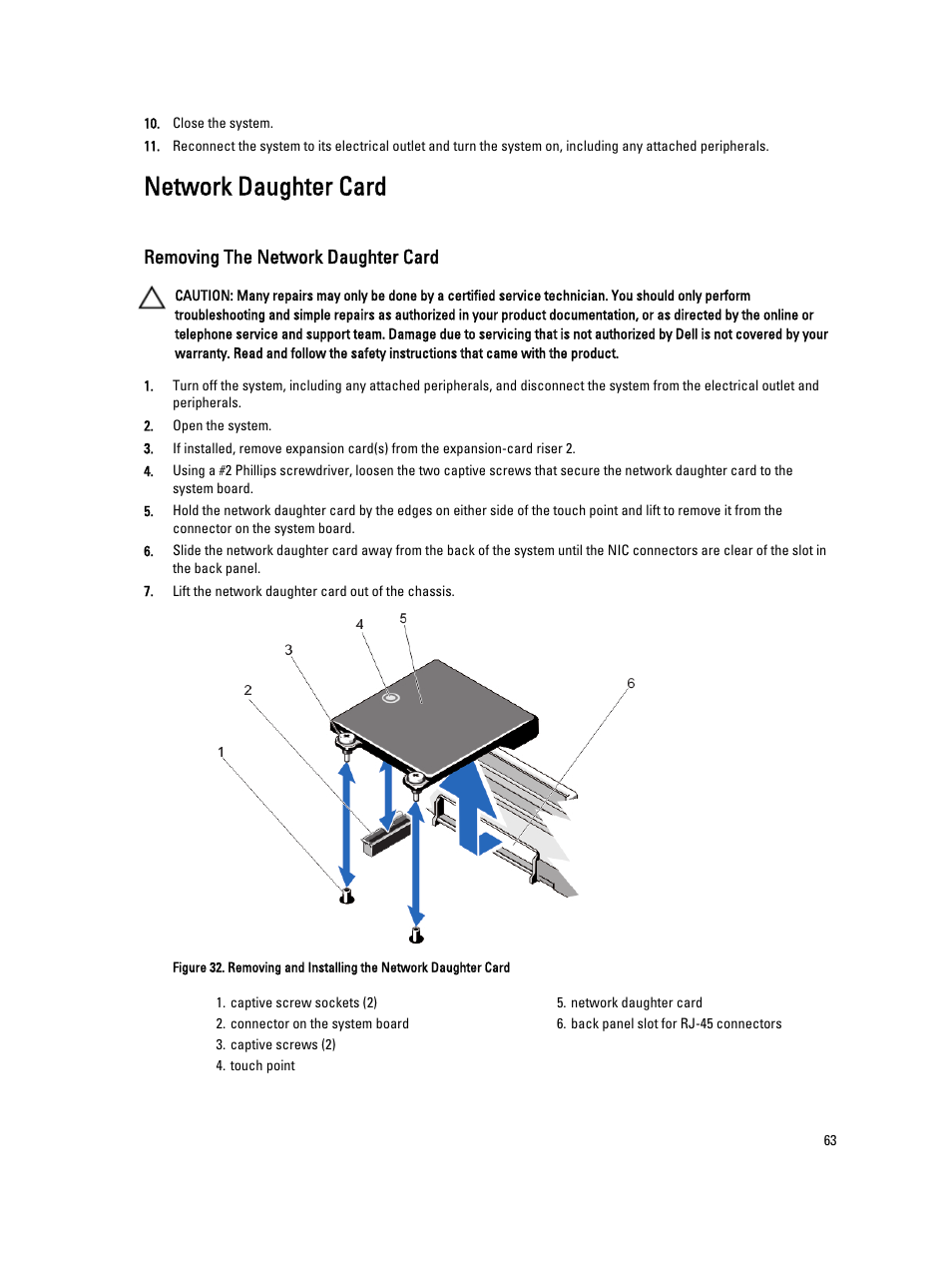 Network daughter card, Removing the network daughter card | Dell PowerVault DR4100 User Manual | Page 63 / 122