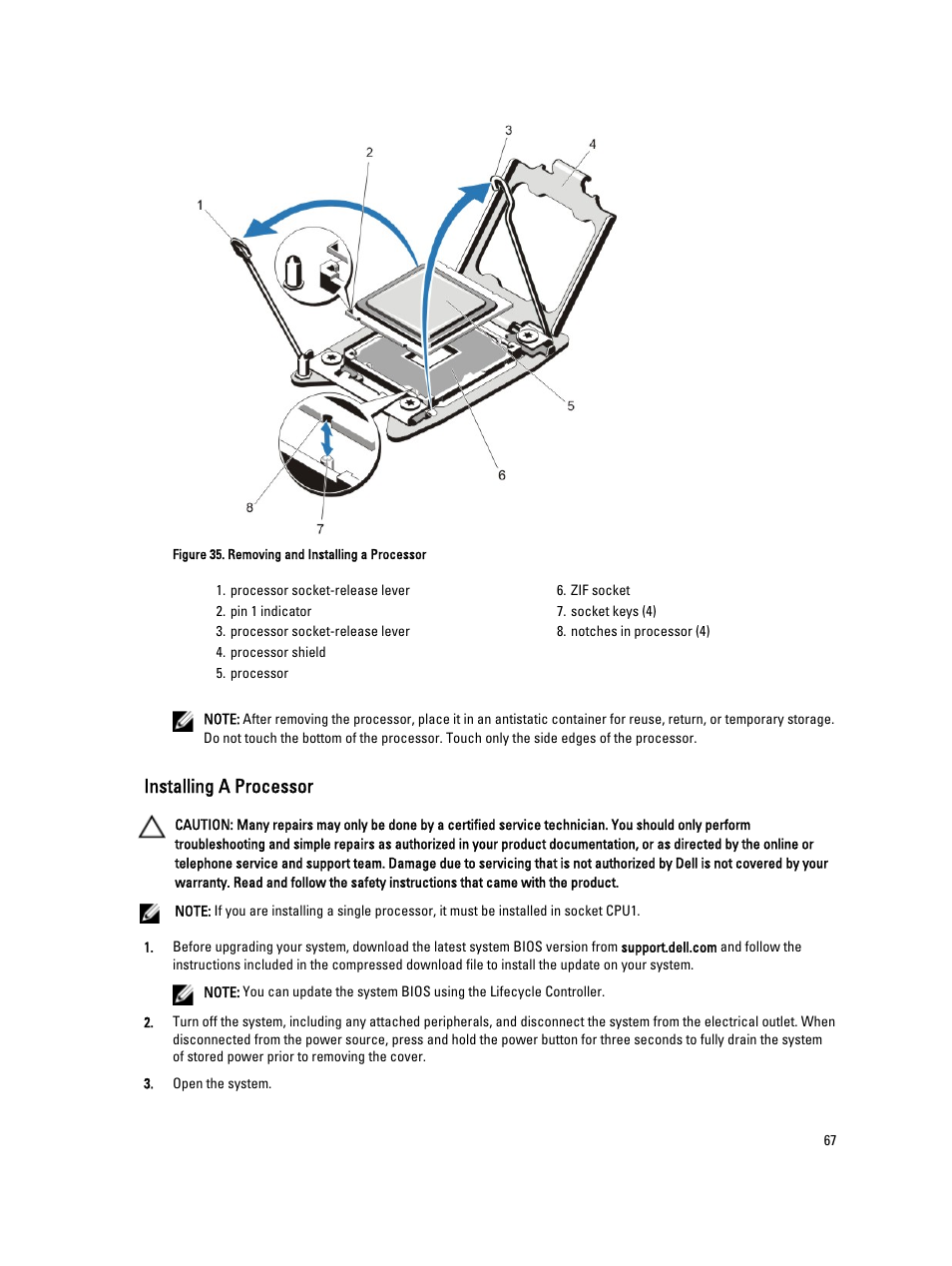 Installing a processor | Dell PowerVault DR4100 User Manual | Page 67 / 122