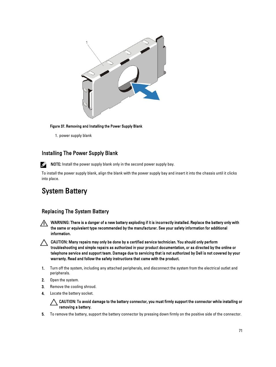 Installing the power supply blank, System battery, Replacing the system battery | Dell PowerVault DR4100 User Manual | Page 71 / 122