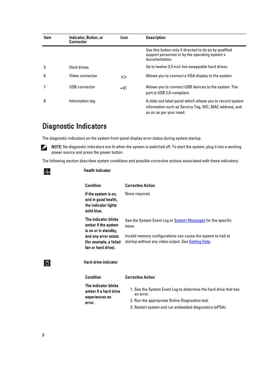 Diagnostic indicators | Dell PowerVault DR4100 User Manual | Page 8 / 122