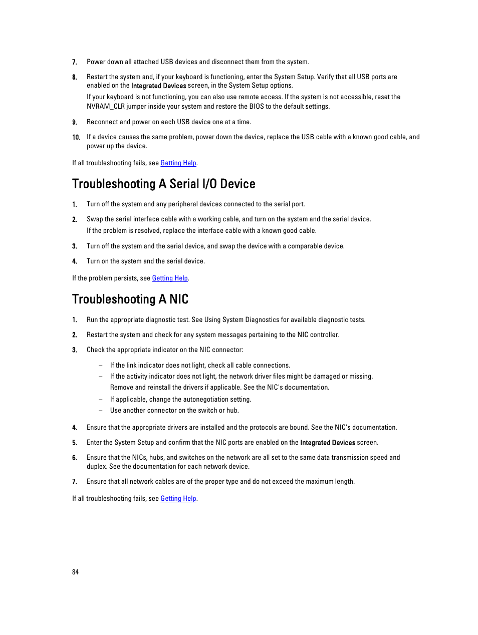 Troubleshooting a serial i/o device, Troubleshooting a nic | Dell PowerVault DR4100 User Manual | Page 84 / 122
