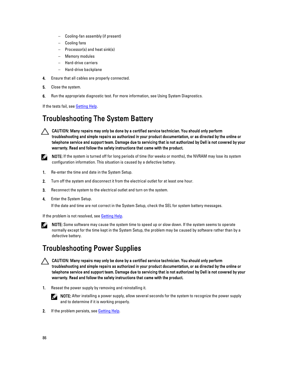 Troubleshooting the system battery, Troubleshooting power supplies | Dell PowerVault DR4100 User Manual | Page 86 / 122