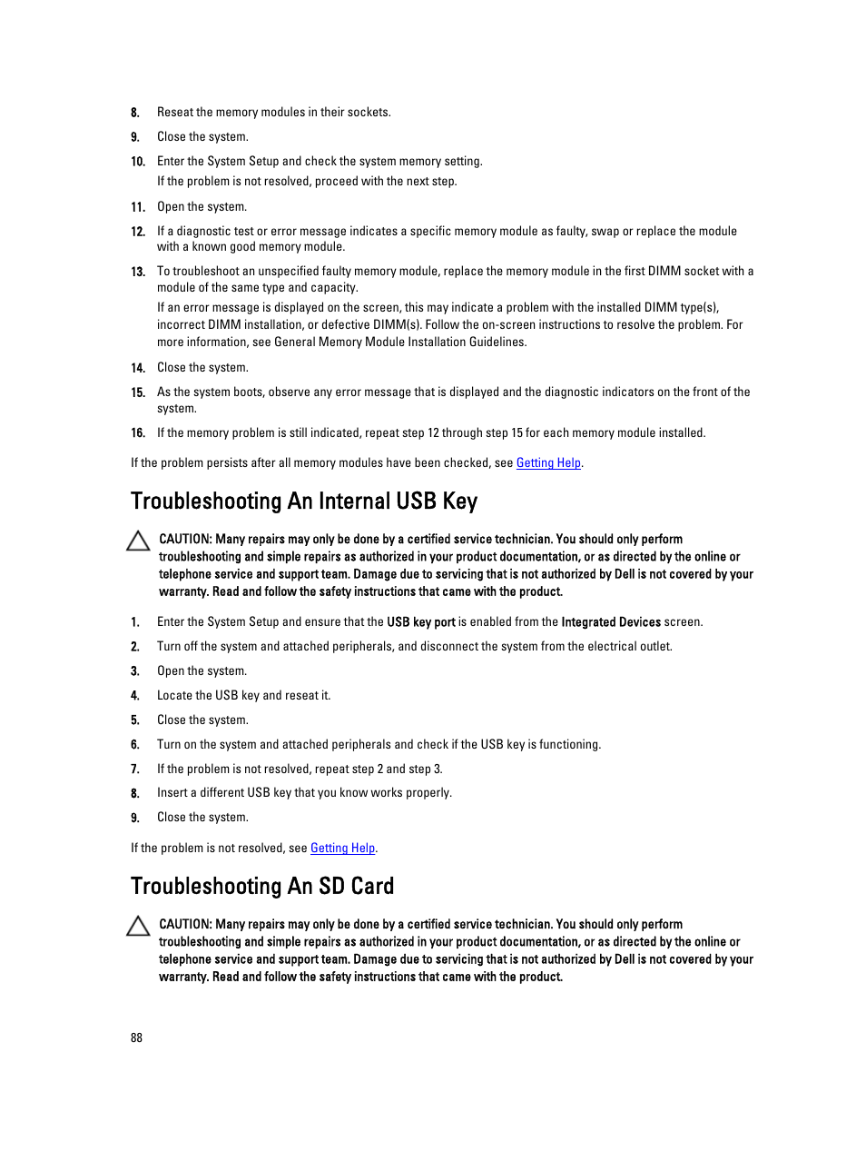 Troubleshooting an internal usb key, Troubleshooting an sd card | Dell PowerVault DR4100 User Manual | Page 88 / 122