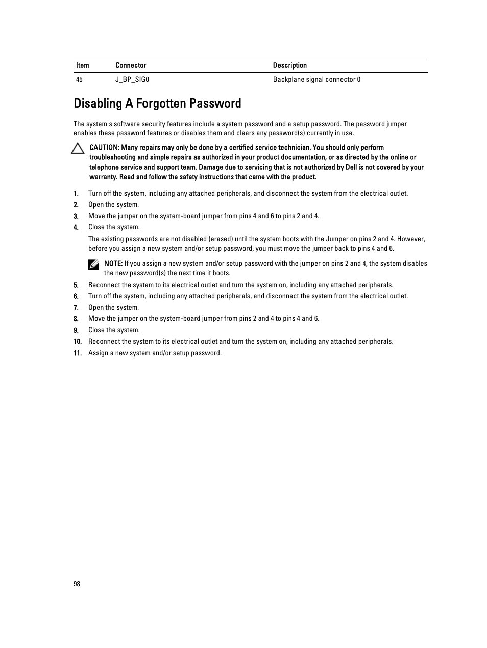 Disabling a forgotten password | Dell PowerVault DR4100 User Manual | Page 98 / 122