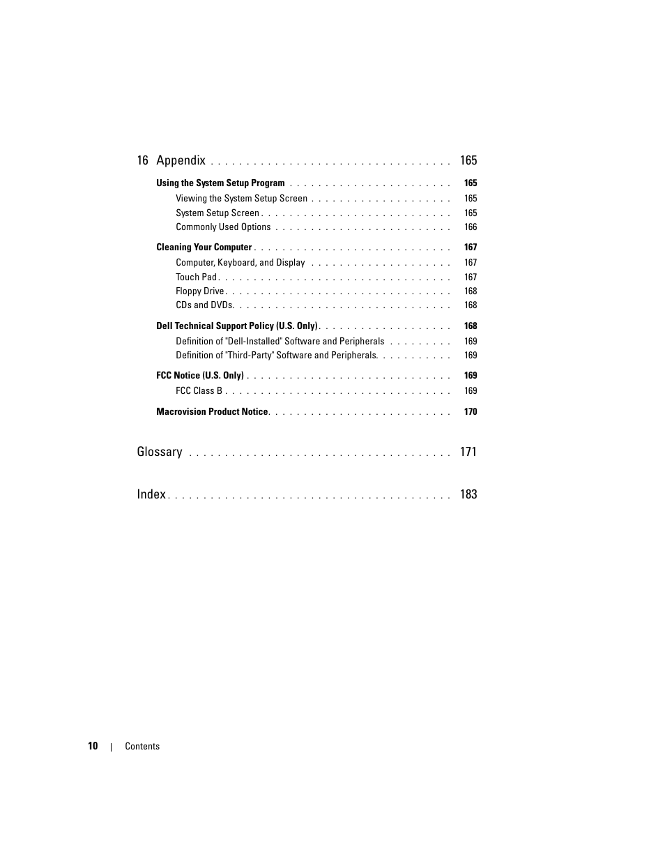 16 appendix, Glossary, 171 index | Dell Inspiron 640M User Manual | Page 10 / 188