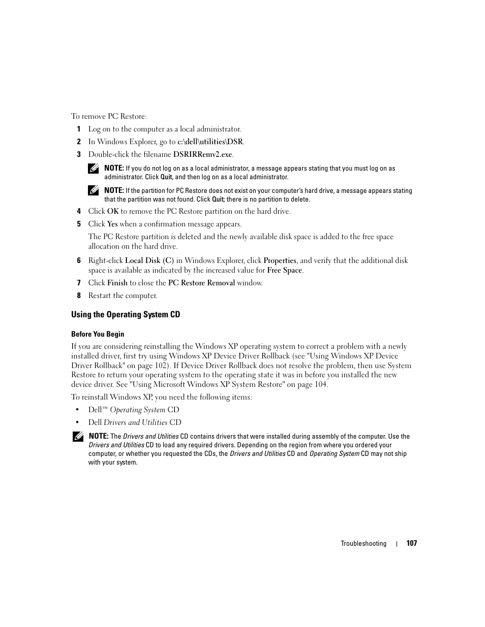 Using the operating system cd | Dell Inspiron 640M User Manual | Page 107 / 188