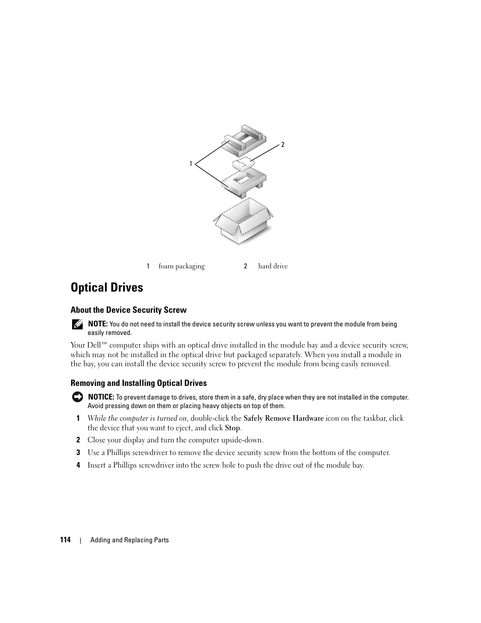 Optical drives, About the device security screw, Removing and installing optical drives | Dell Inspiron 640M User Manual | Page 114 / 188