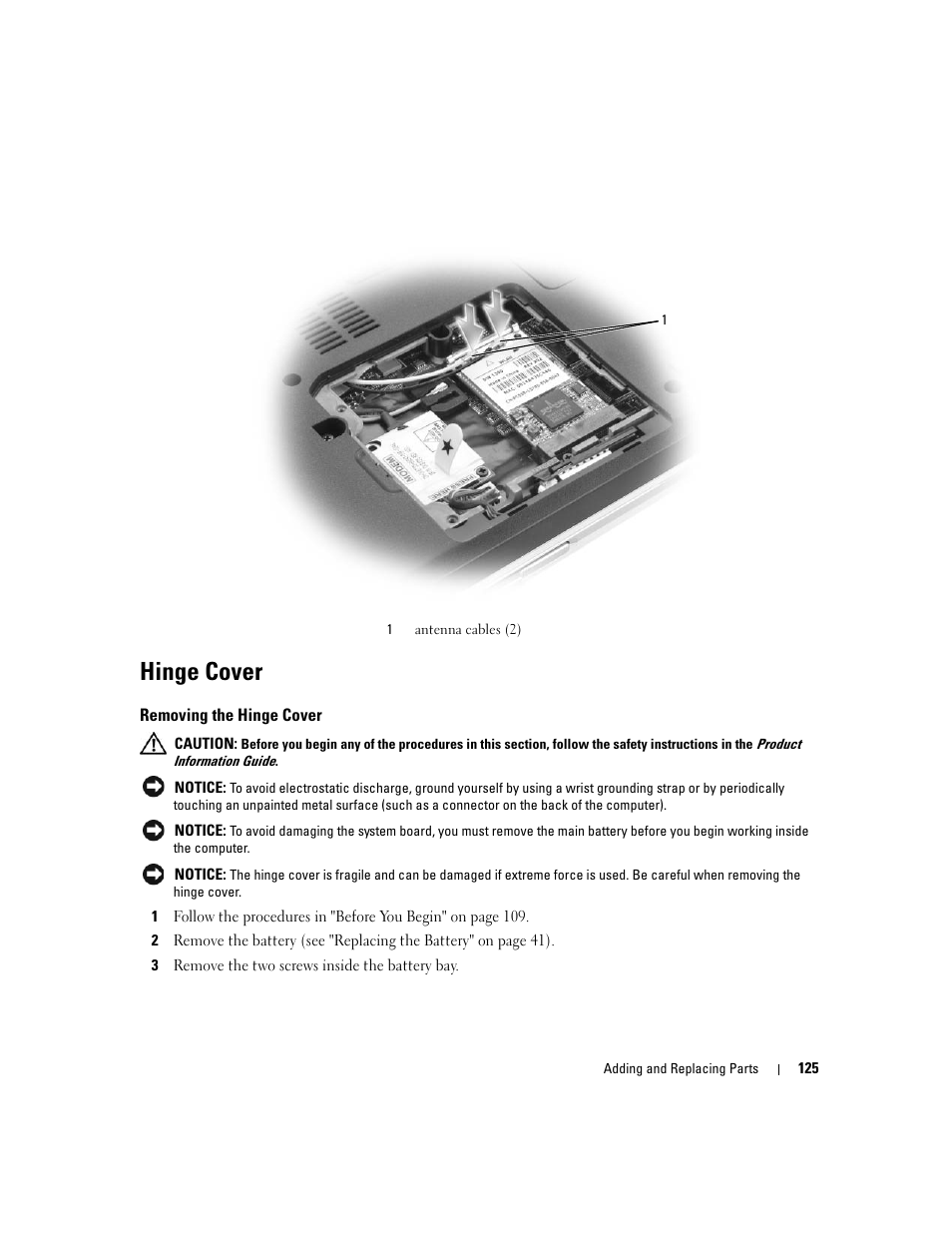 Hinge cover, Removing the hinge cover | Dell Inspiron 640M User Manual | Page 125 / 188
