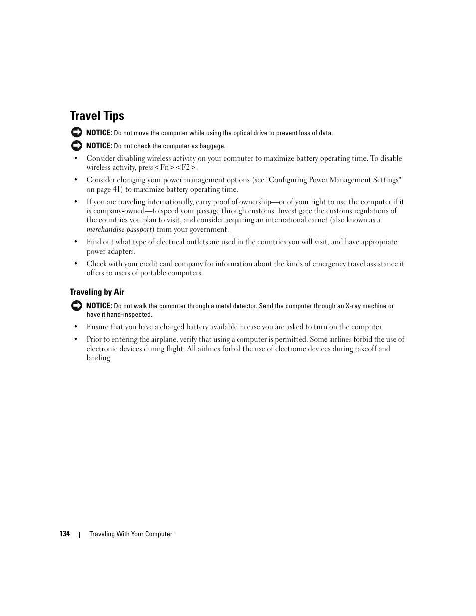 Travel tips, Traveling by air | Dell Inspiron 640M User Manual | Page 134 / 188