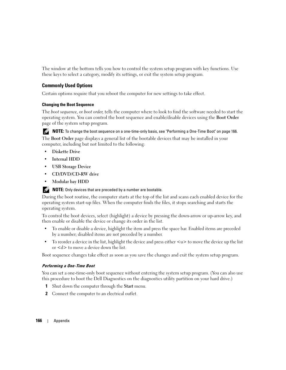 Commonly used options | Dell Inspiron 640M User Manual | Page 166 / 188