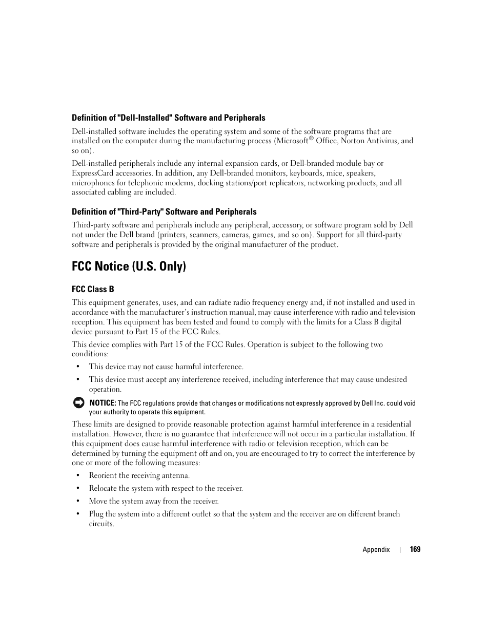 Fcc notice (u.s. only), Fcc class b | Dell Inspiron 640M User Manual | Page 169 / 188