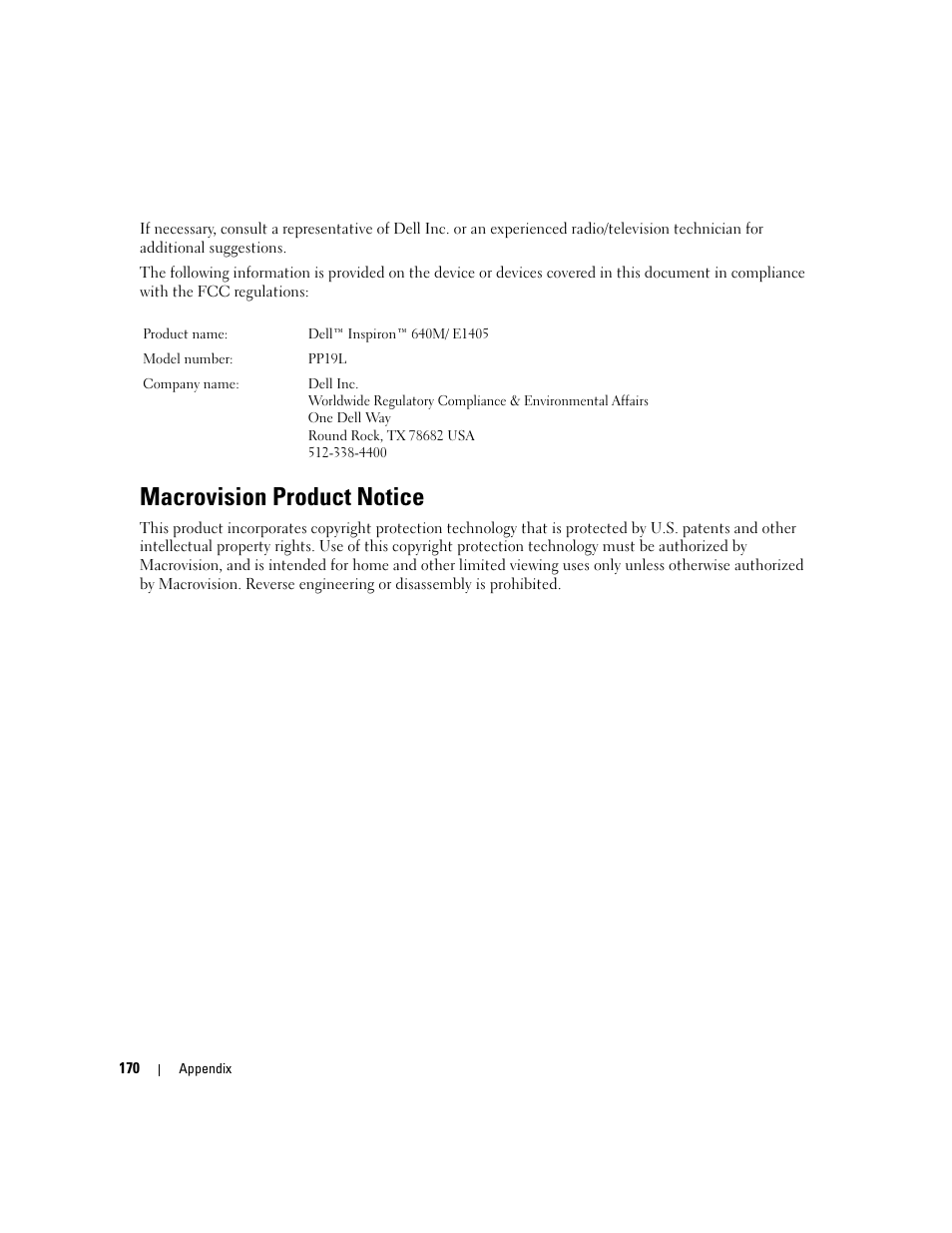 Macrovision product notice | Dell Inspiron 640M User Manual | Page 170 / 188