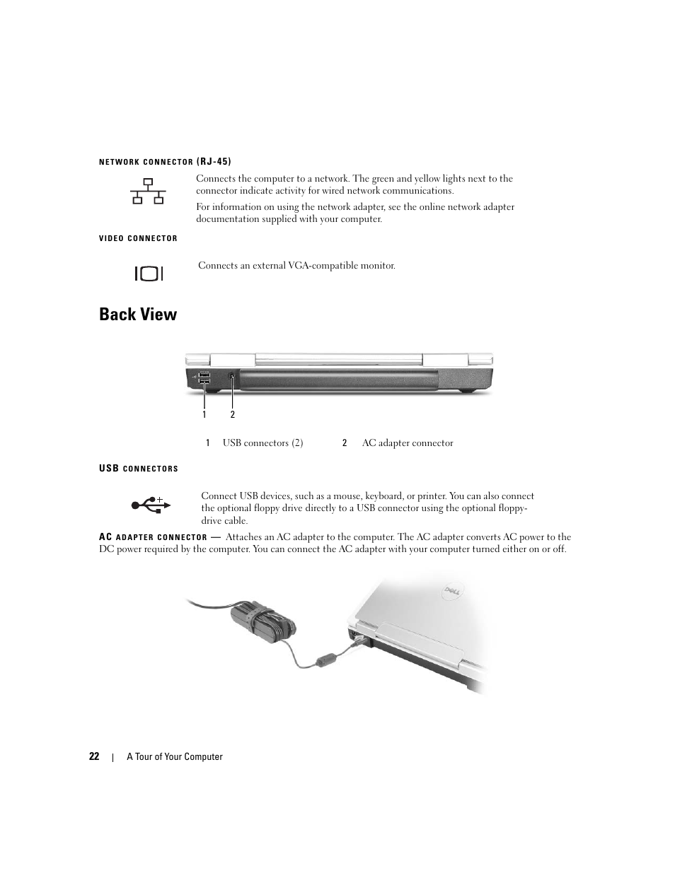 Back view, Video connector | Dell Inspiron 640M User Manual | Page 22 / 188