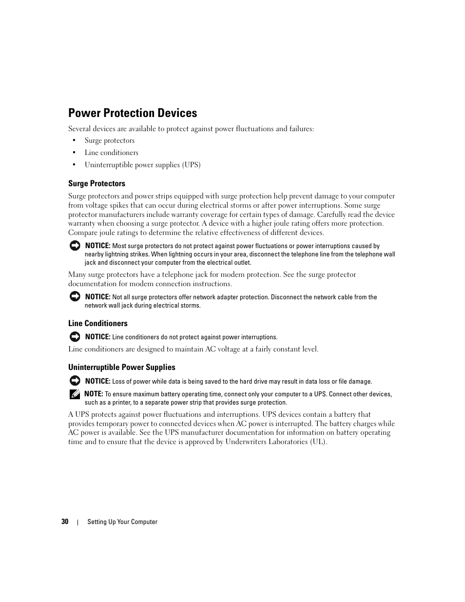 Power protection devices, Surge protectors, Line conditioners | Uninterruptible power supplies | Dell Inspiron 640M User Manual | Page 30 / 188