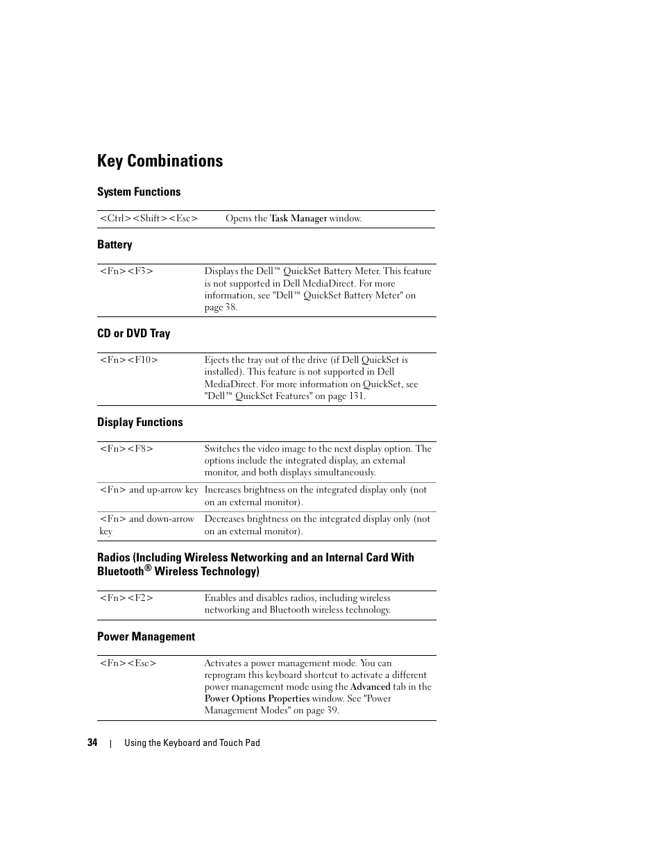 Key combinations, System functions, Battery | Cd or dvd tray, Display functions, Power management | Dell Inspiron 640M User Manual | Page 34 / 188