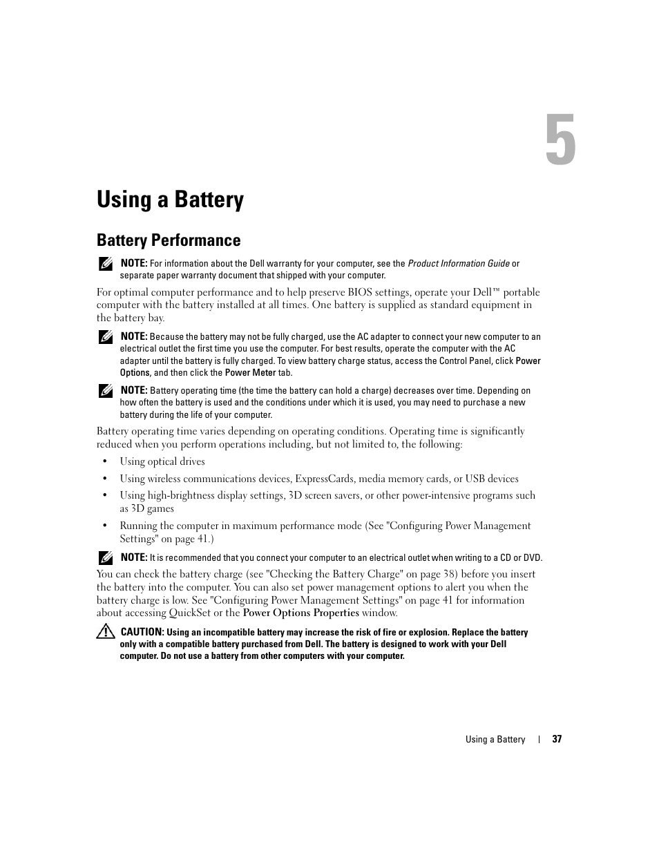 Using a battery, Battery performance | Dell Inspiron 640M User Manual | Page 37 / 188