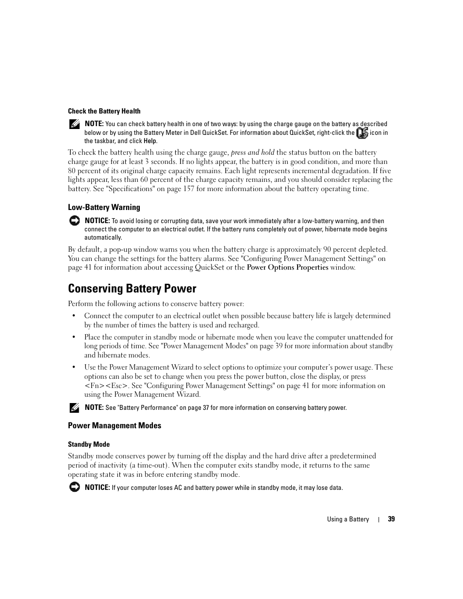 Low-battery warning, Conserving battery power, Power management modes | Dell Inspiron 640M User Manual | Page 39 / 188