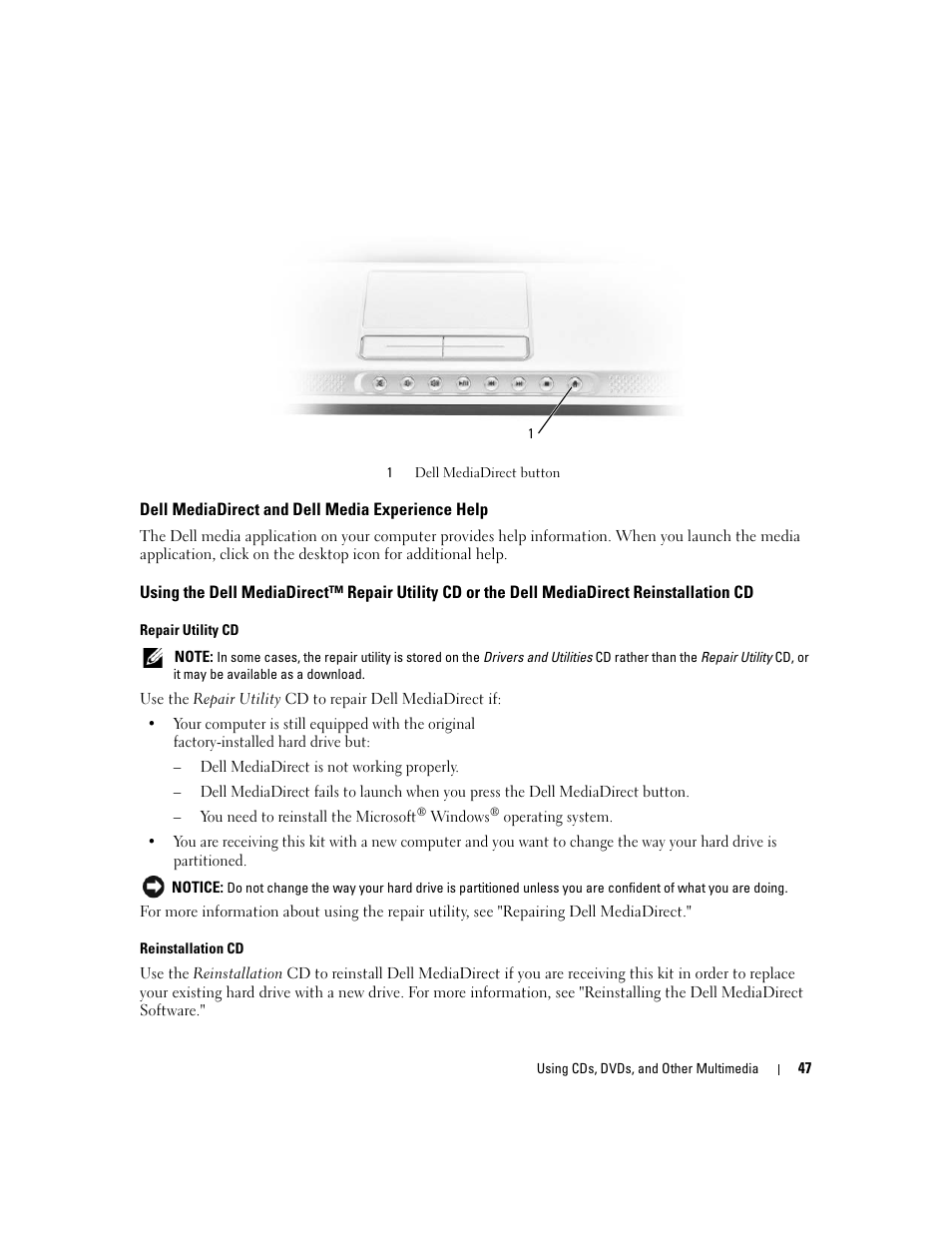 Dell mediadirect and dell media experience help | Dell Inspiron 640M User Manual | Page 47 / 188