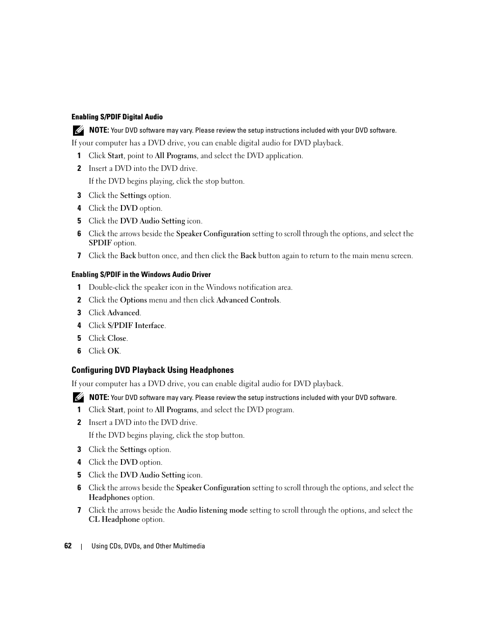 Configuring dvd playback using headphones | Dell Inspiron 640M User Manual | Page 62 / 188