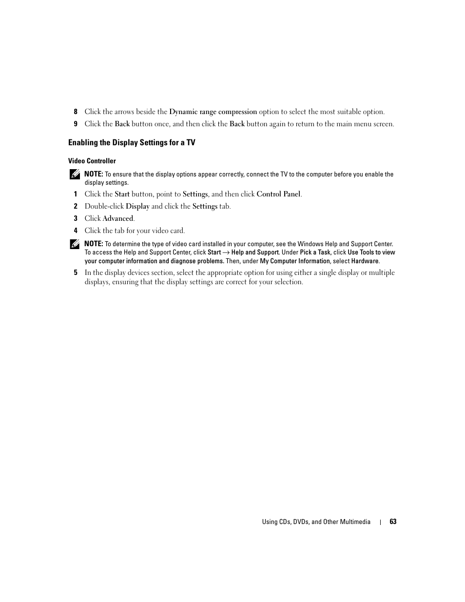 Enabling the display settings for a tv | Dell Inspiron 640M User Manual | Page 63 / 188