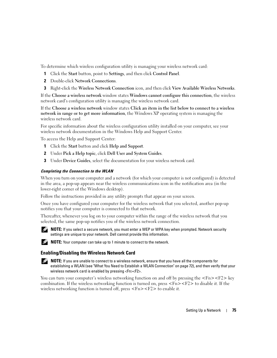 Enabling/disabling the wireless network card | Dell Inspiron 640M User Manual | Page 75 / 188