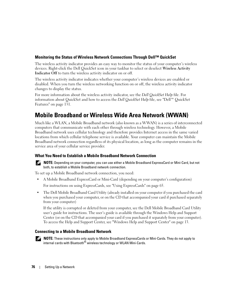 Connecting to a mobile broadband network | Dell Inspiron 640M User Manual | Page 76 / 188