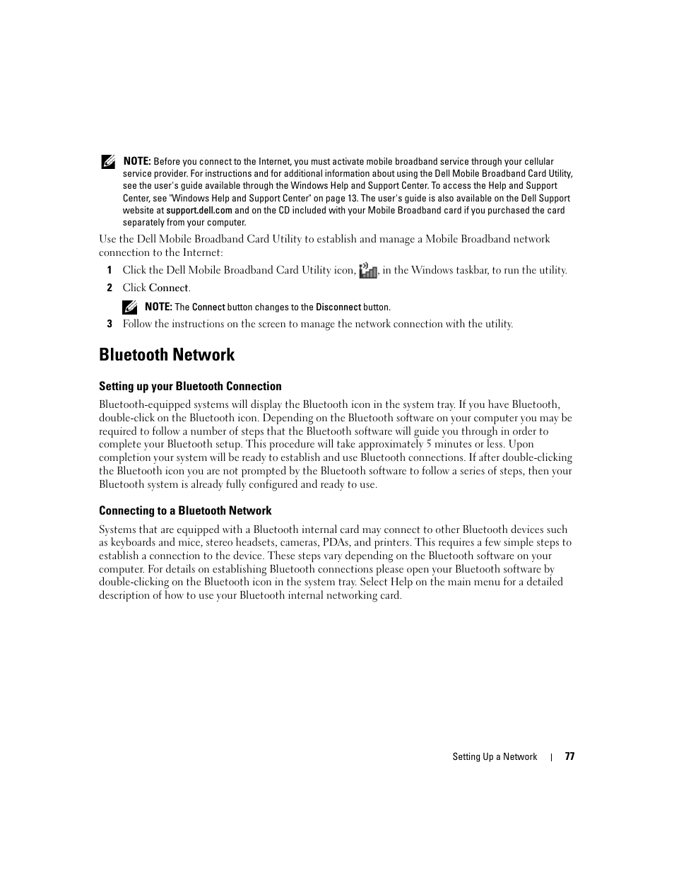 Bluetooth network, Setting up your bluetooth connection, Connecting to a bluetooth network | Dell Inspiron 640M User Manual | Page 77 / 188