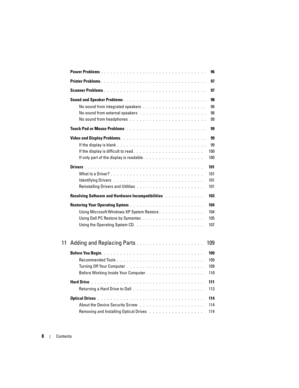 11 adding and replacing parts | Dell Inspiron 640M User Manual | Page 8 / 188