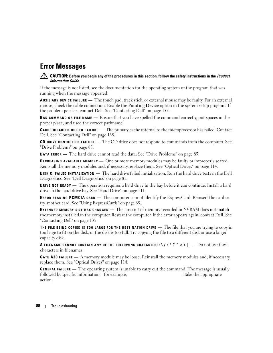 Error messages | Dell Inspiron 640M User Manual | Page 88 / 188