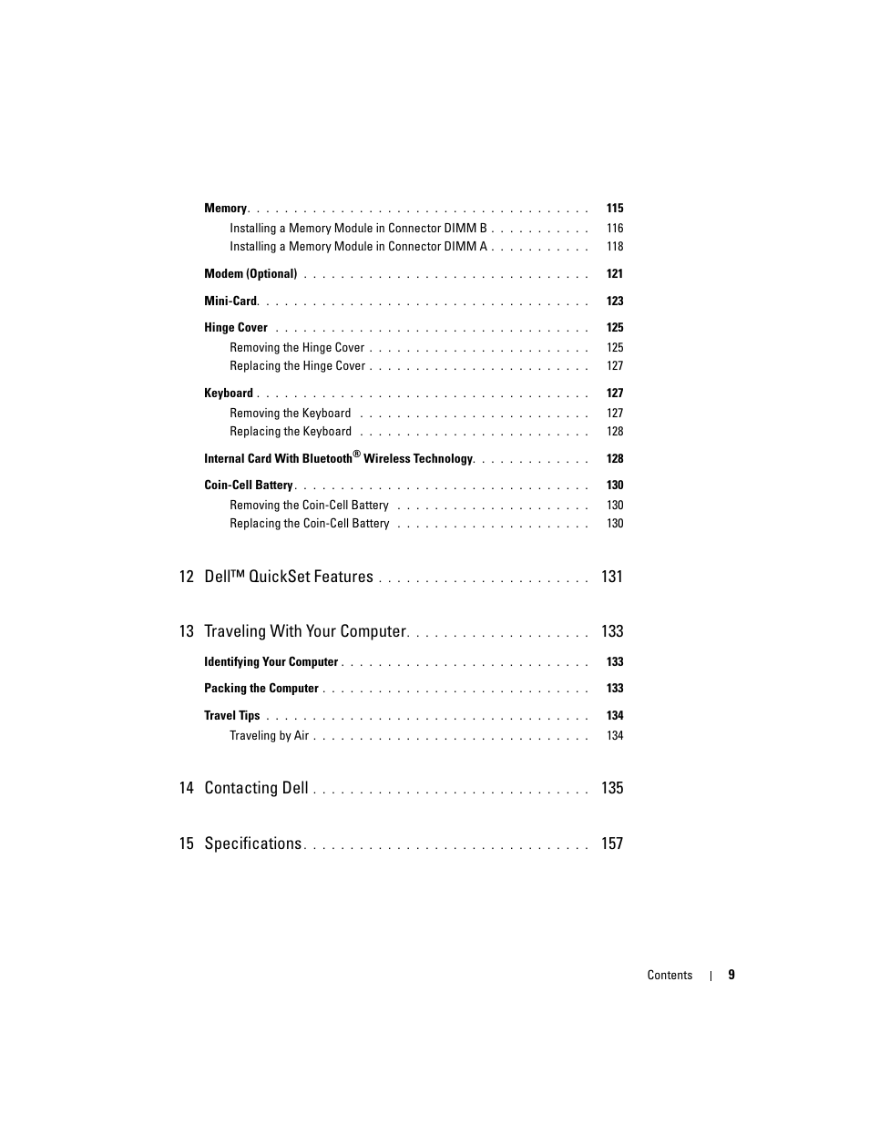 12 dell™ quickset features, 14 contacting dell | Dell Inspiron 640M User Manual | Page 9 / 188