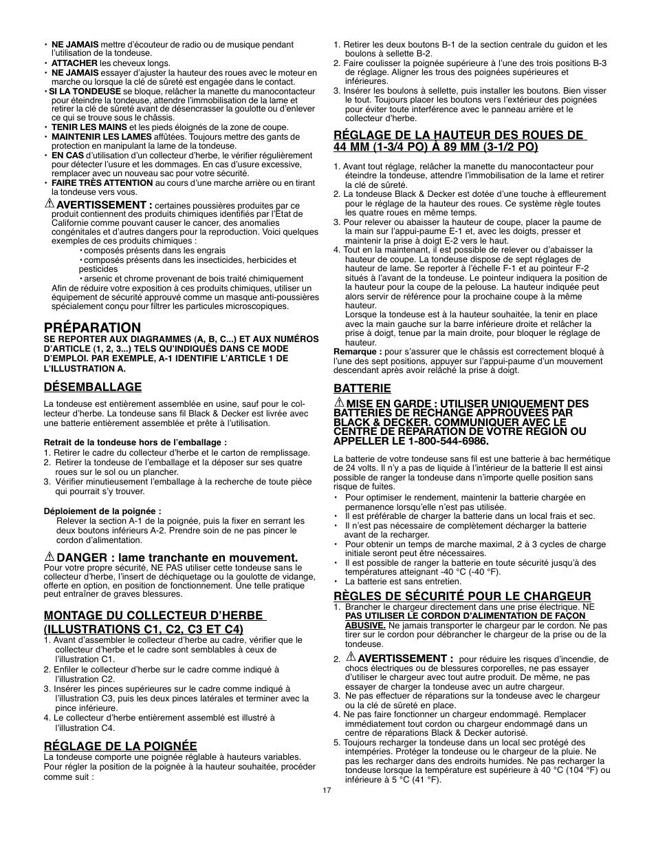 Préparation, Désemballage, Danger : lame tranchante en mouvement | Réglage de la poignée, Batterie, Règles de sécurité pour le chargeur | Black & Decker 90531291 User Manual | Page 17 / 32