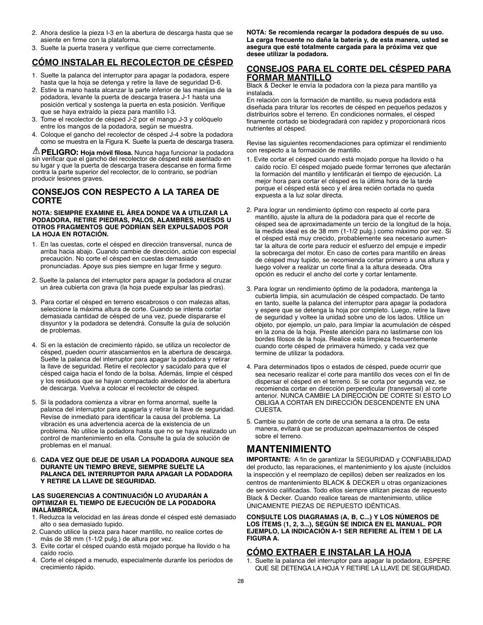 Mantenimiento, Cómo instalar el recolector de césped, Consejos con respecto a la tarea de corte | Cómo extraer e instalar la hoja | Black & Decker 90531291 User Manual | Page 28 / 32