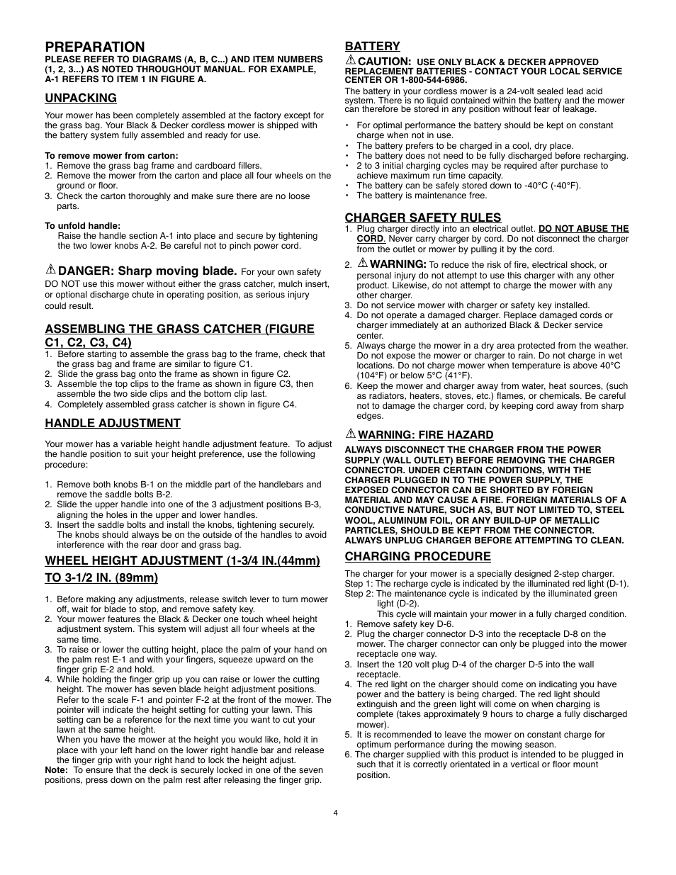 Preparation, Unpacking, Danger: sharp moving blade | Handle adjustment, Battery, Charger safety rules, Charging procedure | Black & Decker 90531291 User Manual | Page 4 / 32