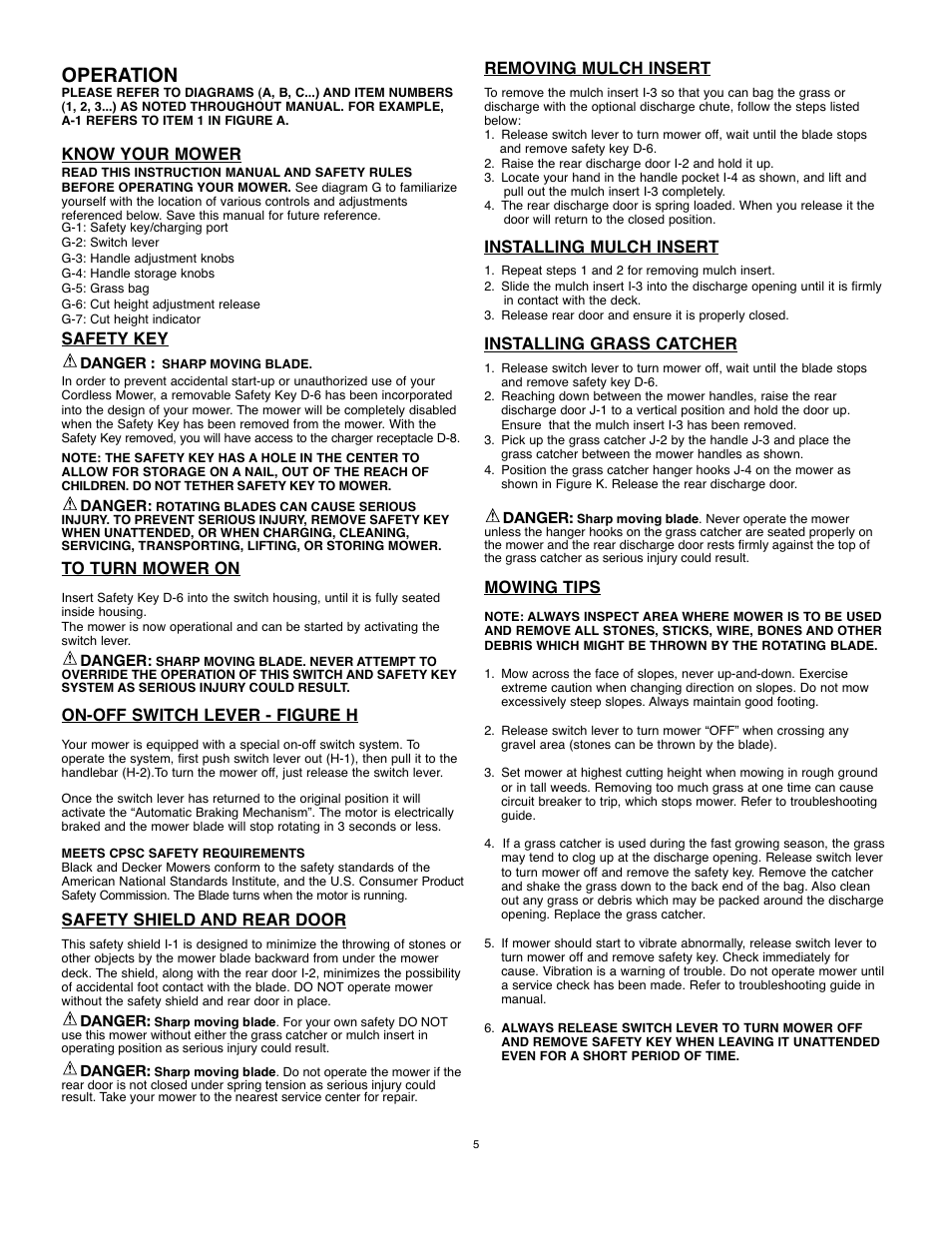 Operation, Know your mower, Safety key | On-off switch lever - figure h, Safety shield and rear door, Removing mulch insert, Installing mulch insert, Installing grass catcher, Mowing tips | Black & Decker 90531291 User Manual | Page 5 / 32