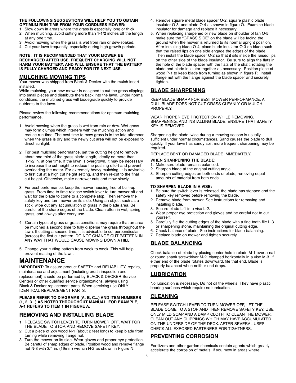 Maintenance, Mulching mowing tips, Removing and installing blade | Blade sharpening, Blade balancing, Lubrication, Cleaning, Preventing corrosion | Black & Decker 90531291 User Manual | Page 6 / 32