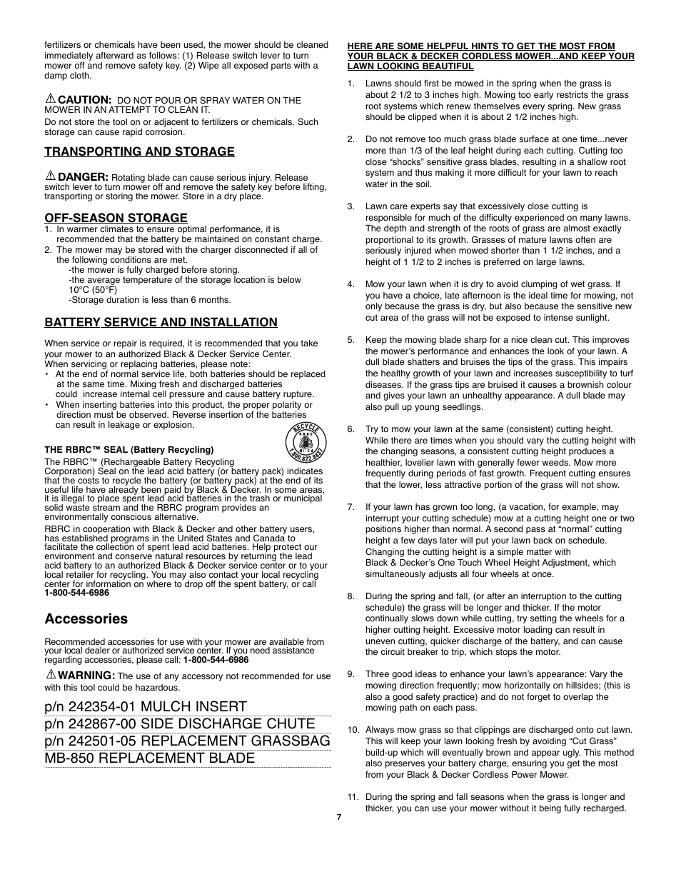 Accessories, Transporting and storage, Off-season storage | Battery service and installation | Black & Decker 90531291 User Manual | Page 7 / 32