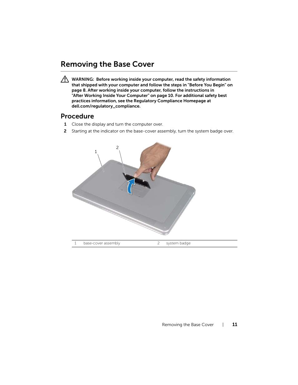 Removing the base cover, Procedure | Dell XPS 15 (L521X, Mid 2012) User Manual | Page 11 / 72