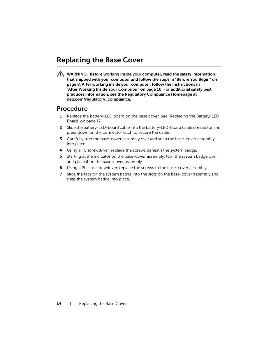 Replacing the base cover, Procedure | Dell XPS 15 (L521X, Mid 2012) User Manual | Page 14 / 72
