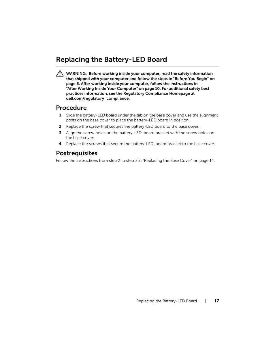 Replacing the battery-led board, Procedure, Postrequisites | Dell XPS 15 (L521X, Mid 2012) User Manual | Page 17 / 72