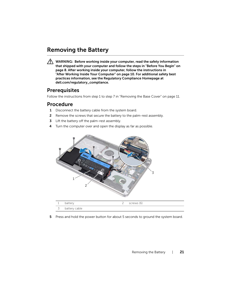 Removing the battery, Prerequisites, Procedure | Dell XPS 15 (L521X, Mid 2012) User Manual | Page 21 / 72