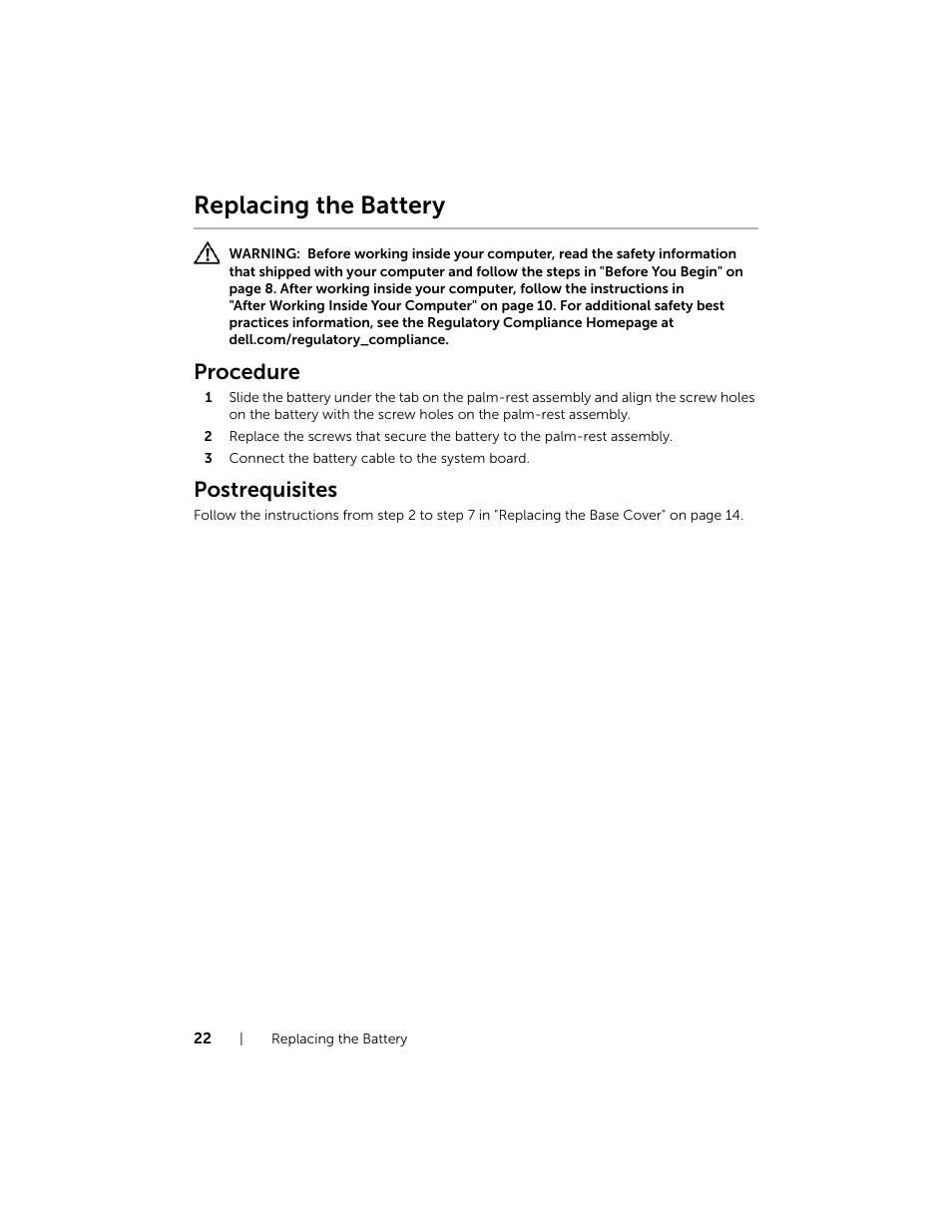 Replacing the battery, Procedure, Postrequisites | Dell XPS 15 (L521X, Mid 2012) User Manual | Page 22 / 72
