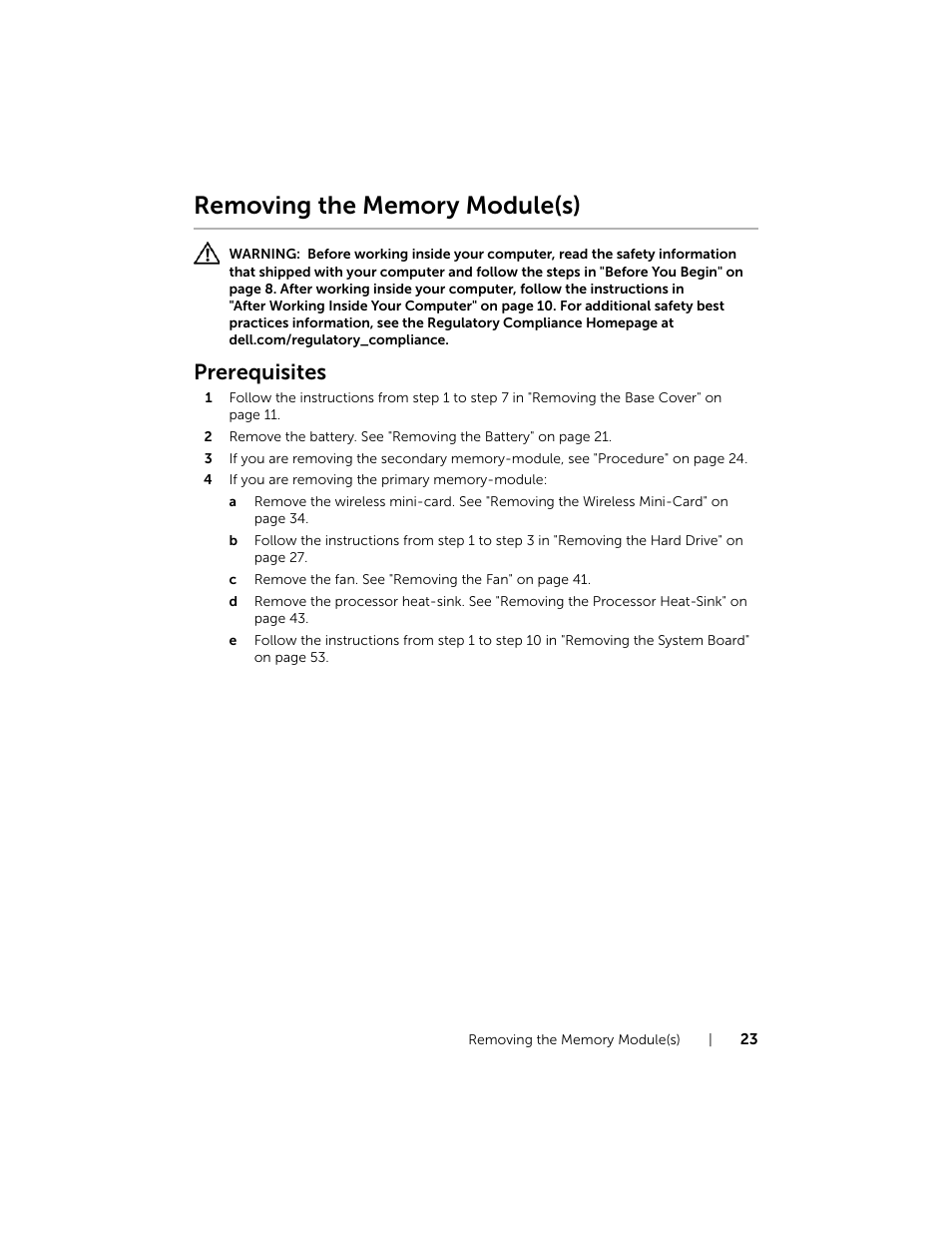 Removing the memory module(s), Prerequisites | Dell XPS 15 (L521X, Mid 2012) User Manual | Page 23 / 72