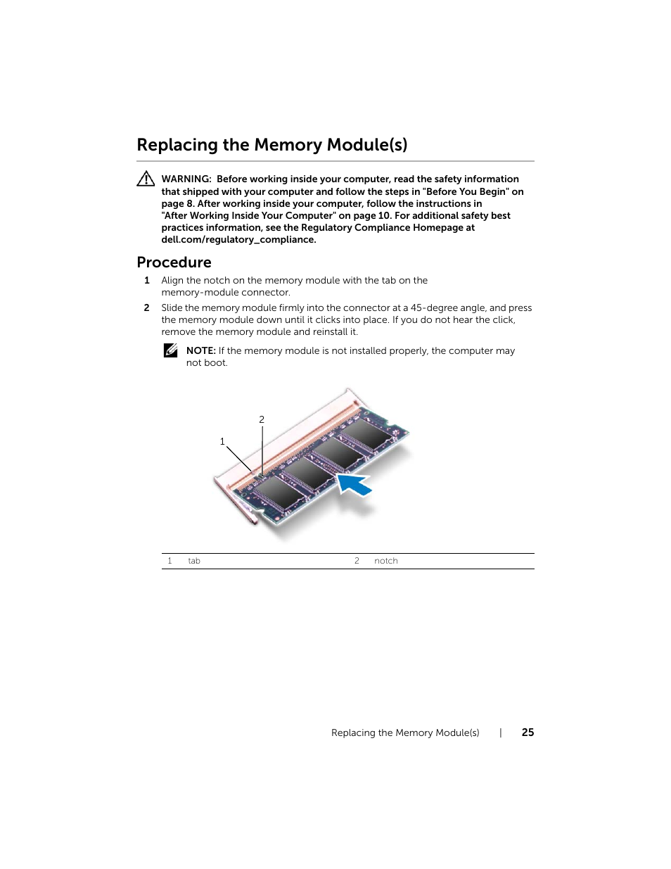 Replacing the memory module(s), Procedure | Dell XPS 15 (L521X, Mid 2012) User Manual | Page 25 / 72