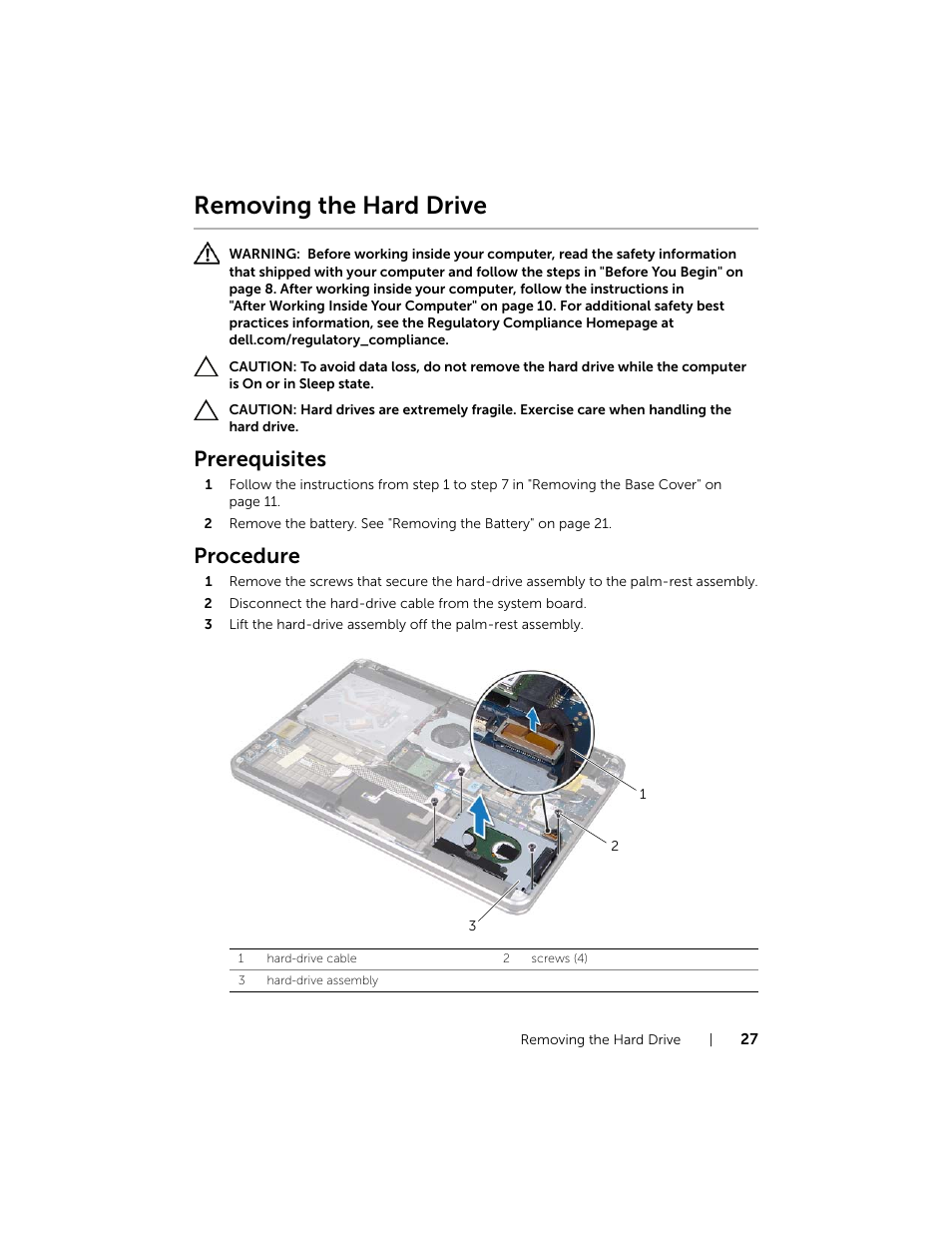 Removing the hard drive, Prerequisites, Procedure | Dell XPS 15 (L521X, Mid 2012) User Manual | Page 27 / 72