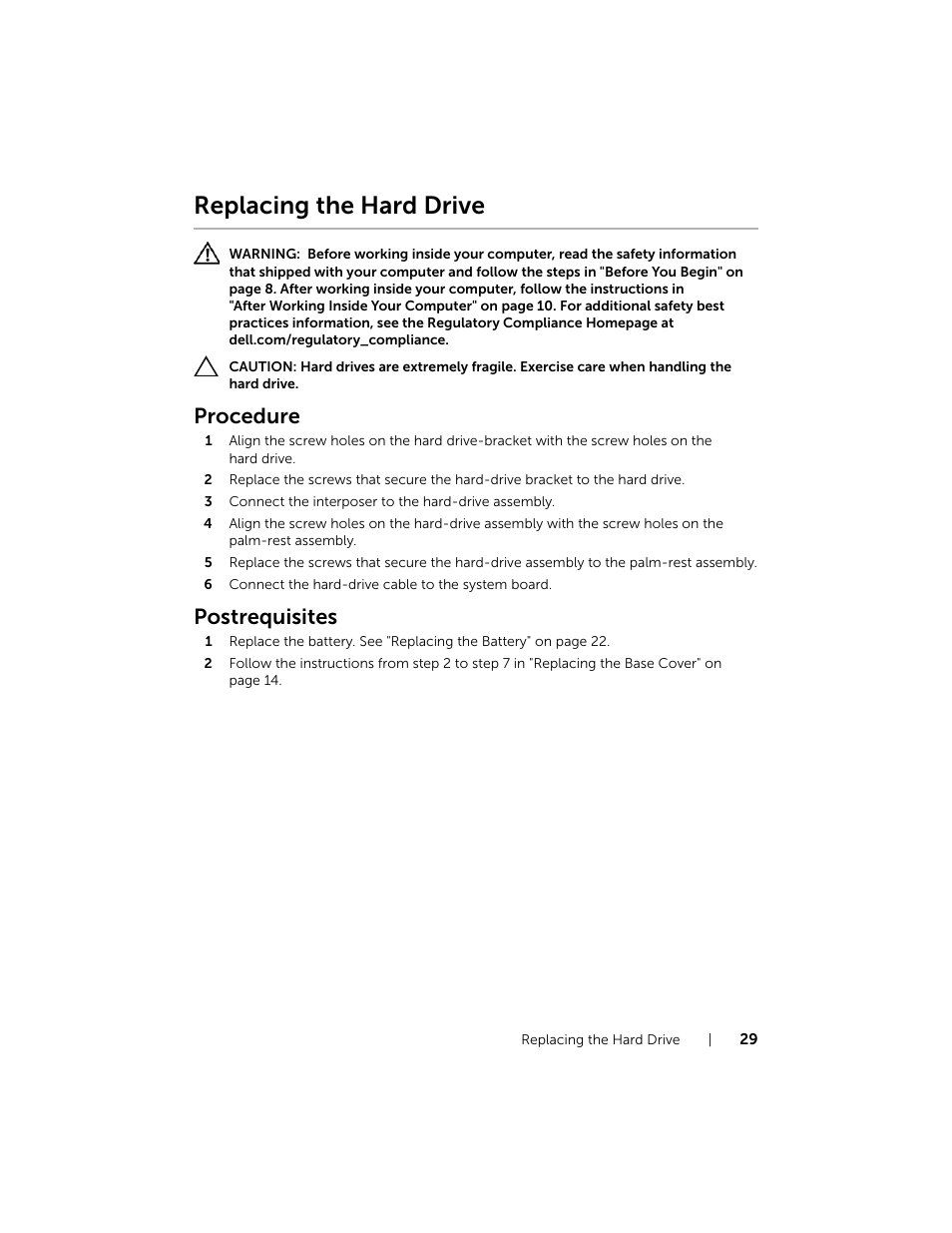 Replacing the hard drive, Procedure, Postrequisites | Dell XPS 15 (L521X, Mid 2012) User Manual | Page 29 / 72