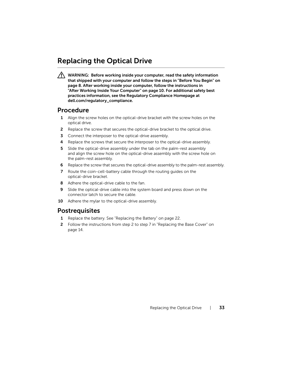 Replacing the optical drive, Procedure, Postrequisites | Dell XPS 15 (L521X, Mid 2012) User Manual | Page 33 / 72